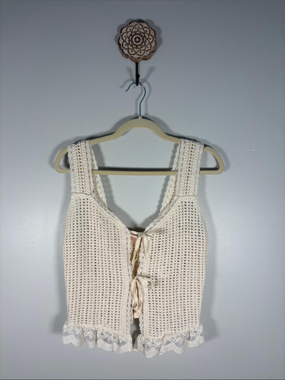 Good Luck Gem Cream Crochet Tie-Front Camisole 100% Cotton